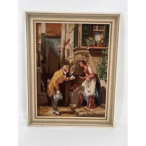Vintage Wiehler Gobelin Needlepoint Renaissance Petit Point Couple 20.75 X 16.5